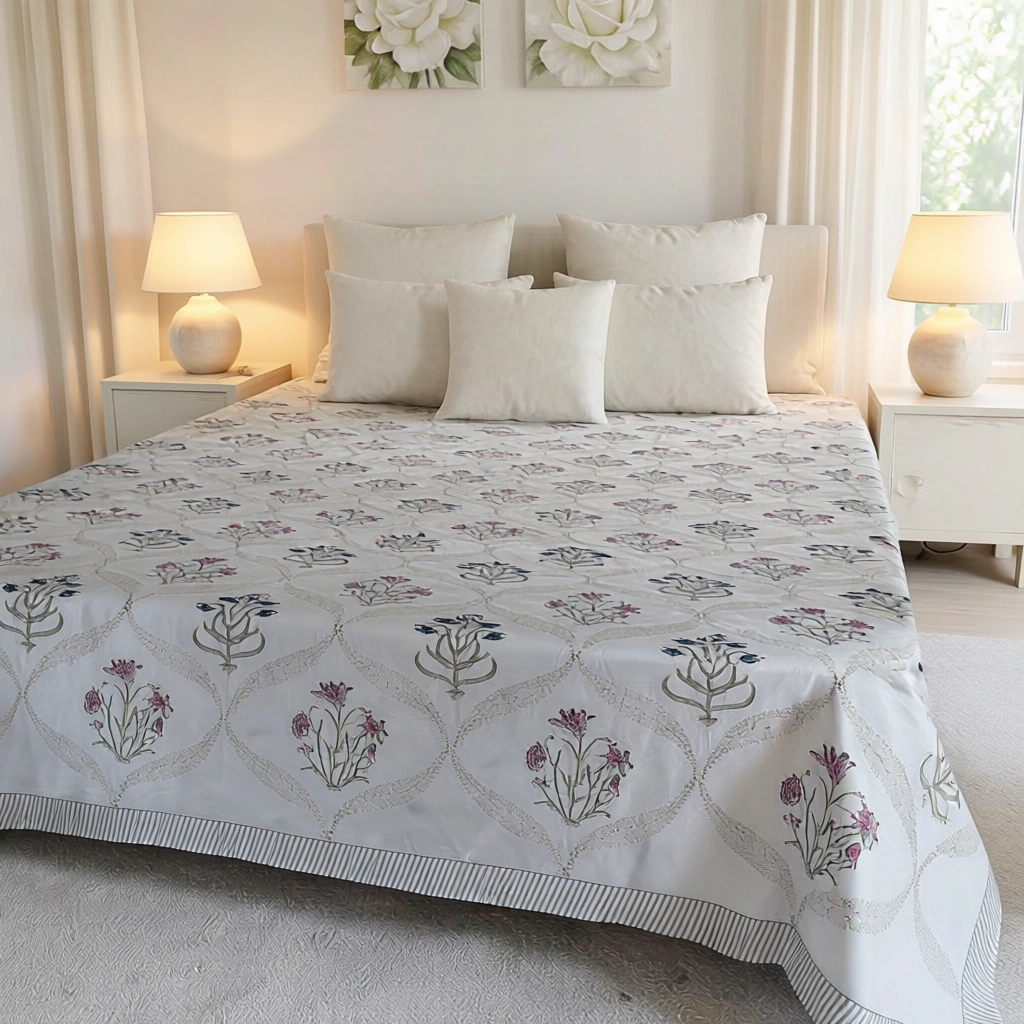 King Size Block Printed Percale Fine Cotton Bedspread with 2 Pillow Cases 200838