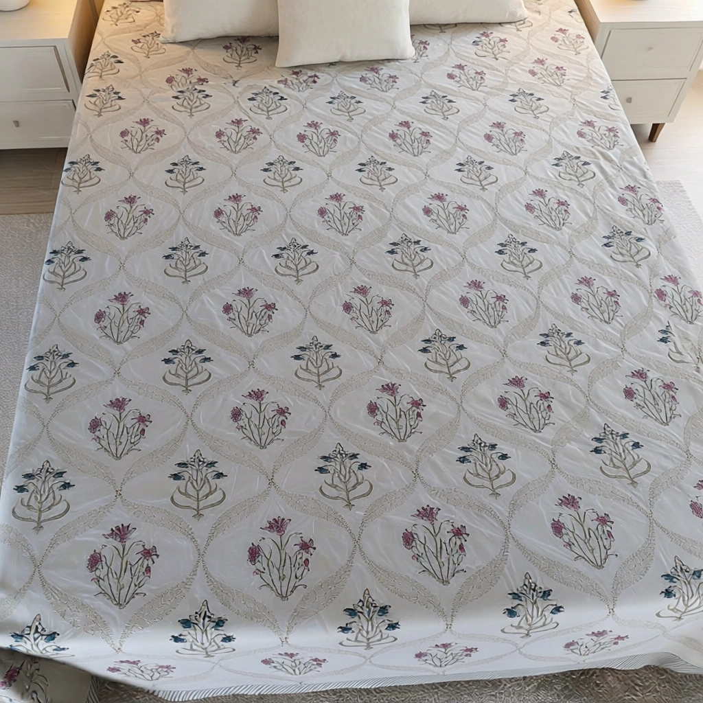 King Size Block Printed Percale Fine Cotton Bedspread with 2 Pillow Cases   200838