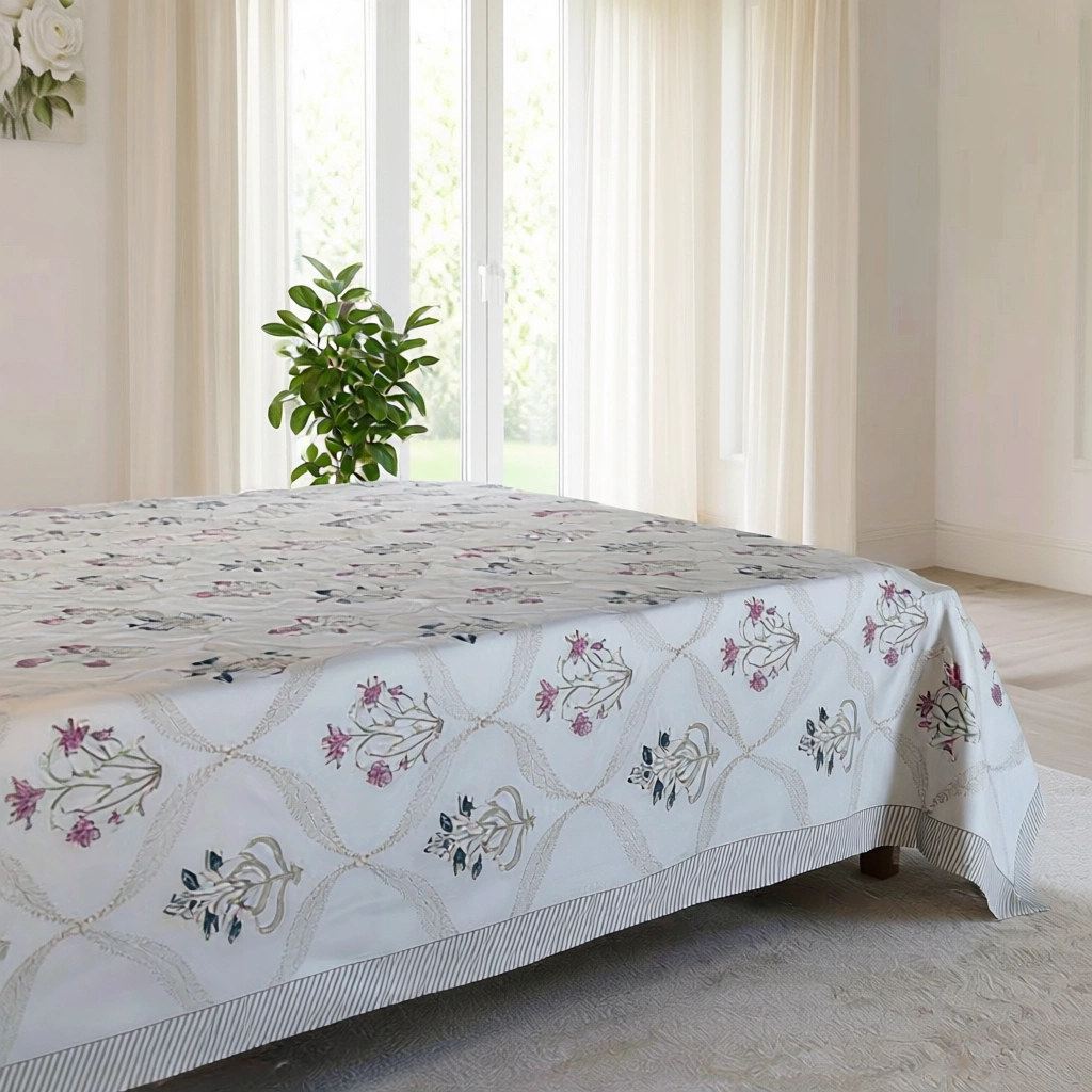 King Size Block Printed Percale Fine Cotton Bedspread with 2 Pillow Cases 200838