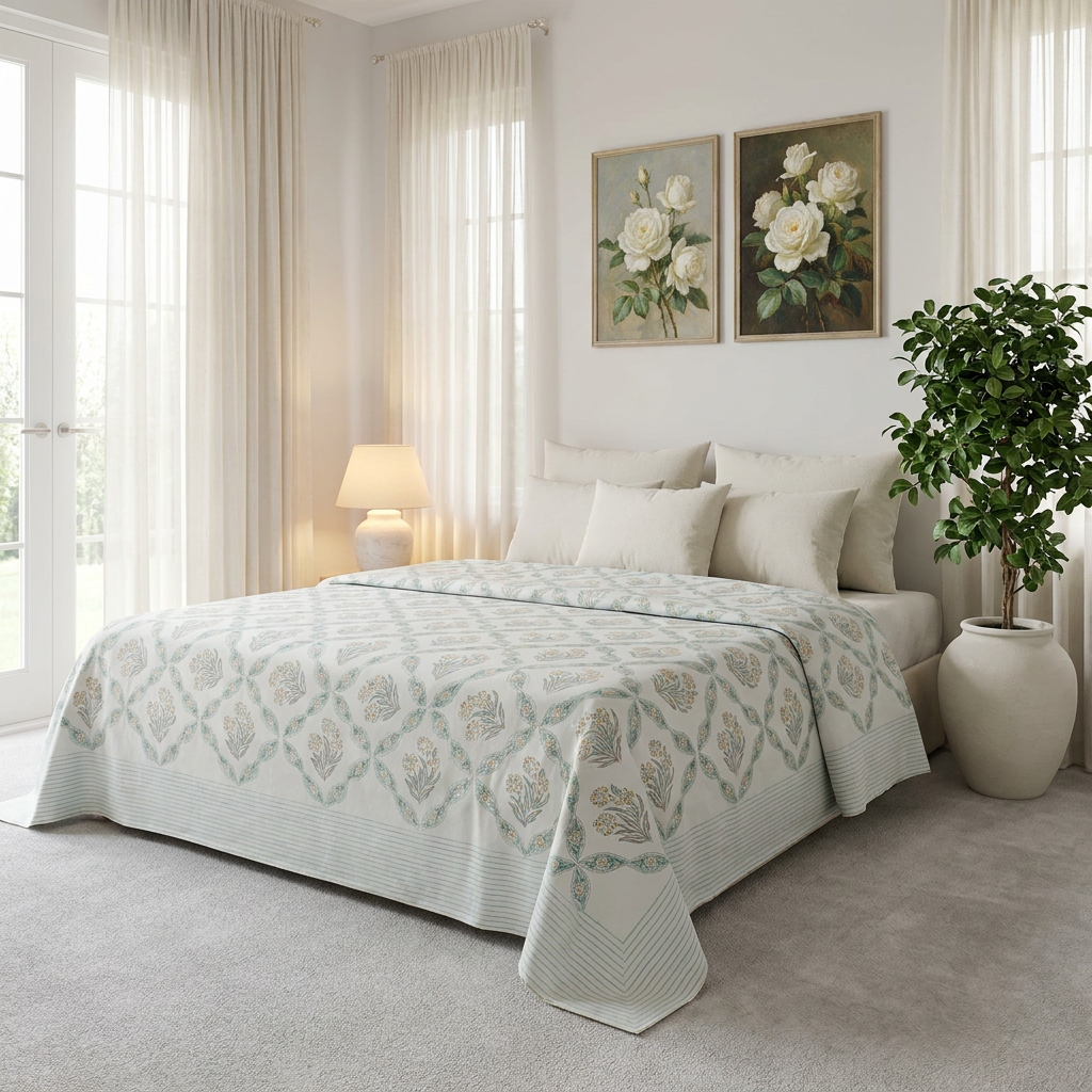 King Size Block Printed Percale Fine Cotton Bedspread with 2 Pillow Cases 200843