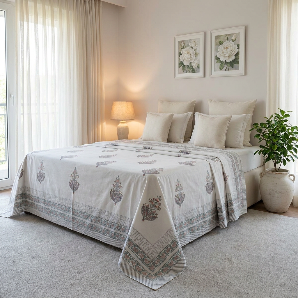 King Size Block Printed Percale Fine Cotton Bedspread with 2 Pillow Cases 200847