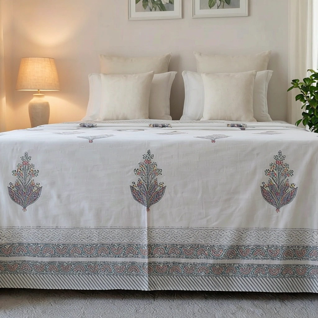 King Size Block Printed Percale Fine Cotton Bedspread with 2 Pillow Cases   200847