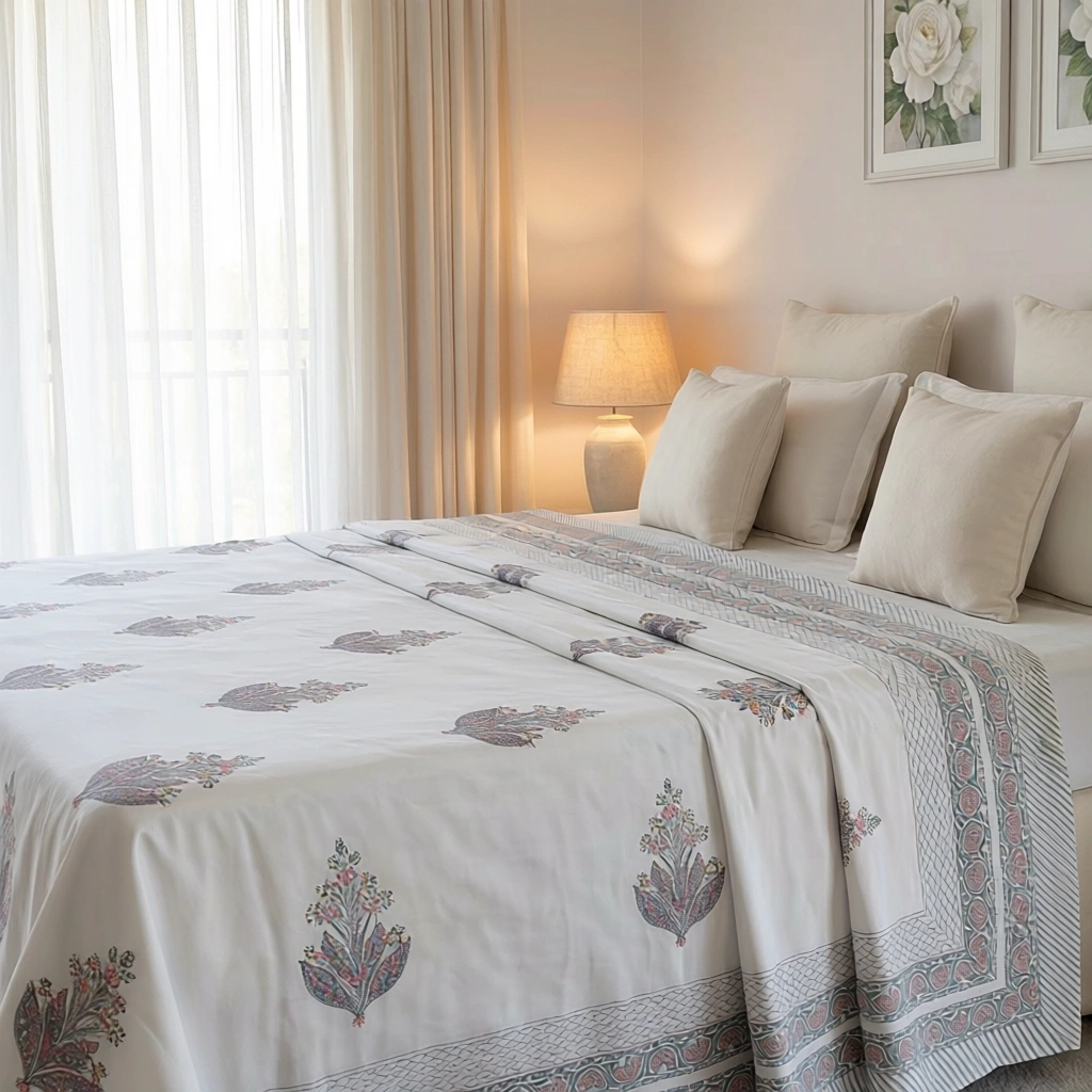 King Size Block Printed Percale Fine Cotton Bedspread with 2 Pillow Cases 200847
