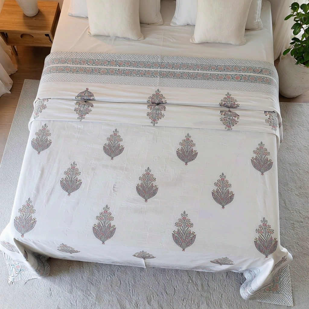 King Size Block Printed Percale Fine Cotton Bedspread with 2 Pillow Cases 200847