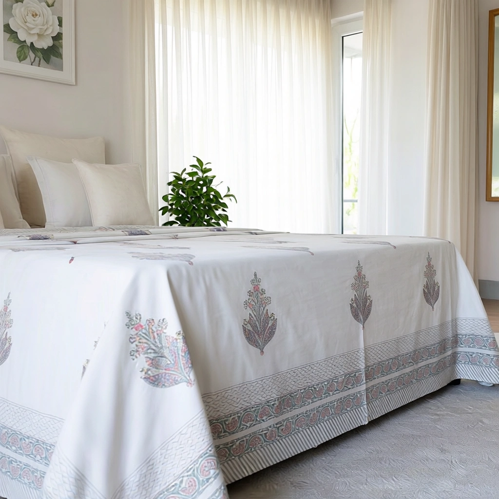 King Size Block Printed Percale Fine Cotton Bedspread with 2 Pillow Cases   200847