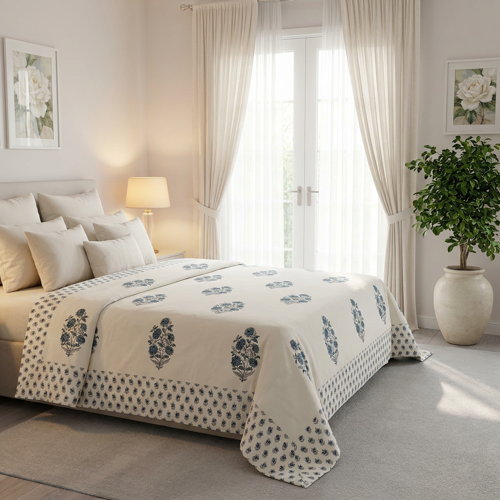 King Size Block Printed Percale Fine Cotton Bedspread with 2 Pillow Cases 200849