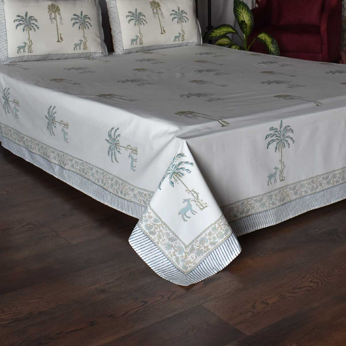 King Size Block Printed Percale Fine Cotton Bedspread with 2 Pillow Cases 200850