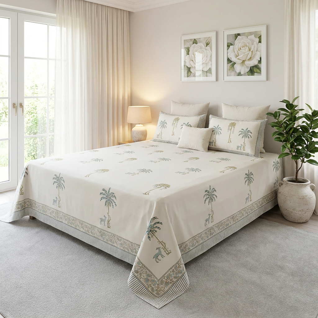 King Size Block Printed Percale Fine Cotton Bedspread with 2 Pillow Cases 200850