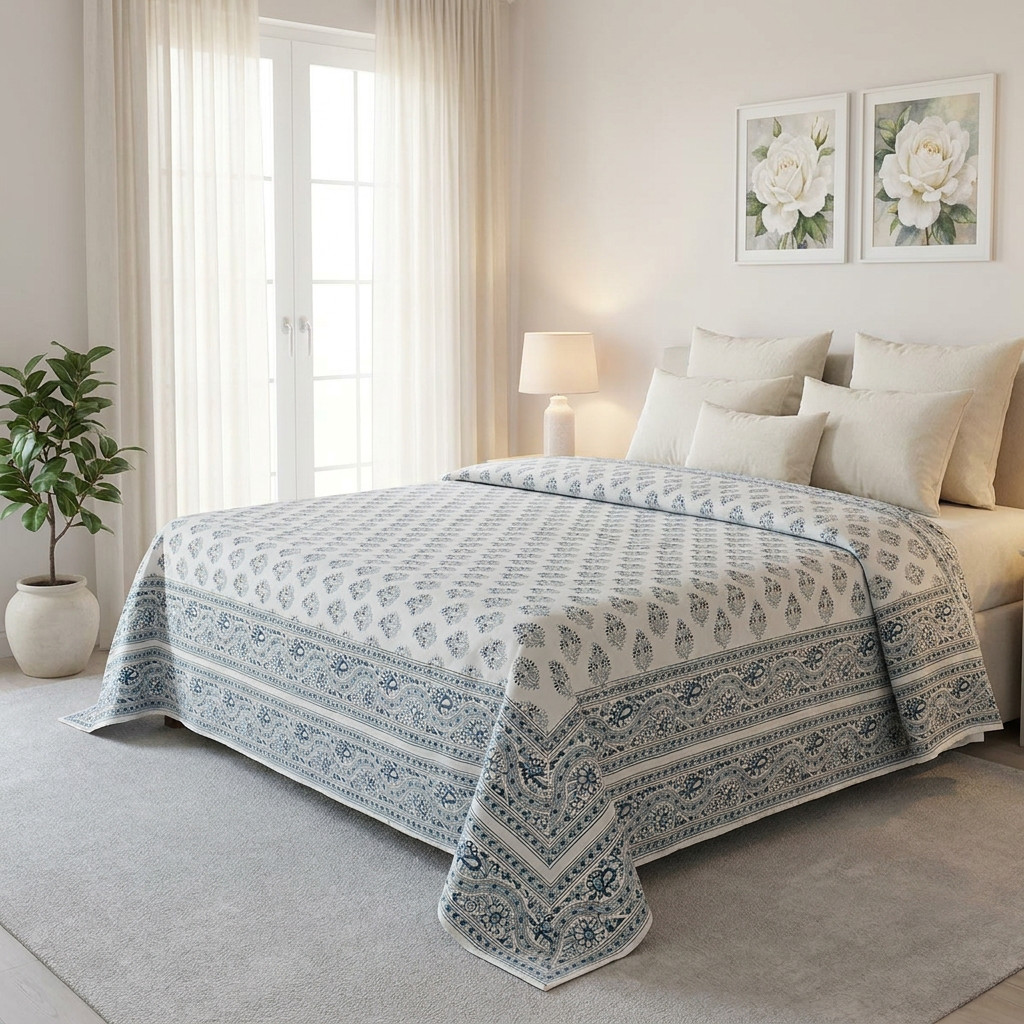 King Size Block Printed Percale Fine Cotton Bedspread with 2 Pillow Cases 200851
