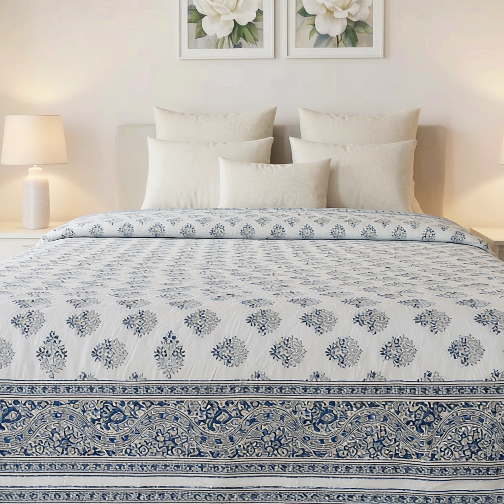 King Size Block Printed Percale Fine Cotton Bedspread with 2 Pillow Cases 200851
