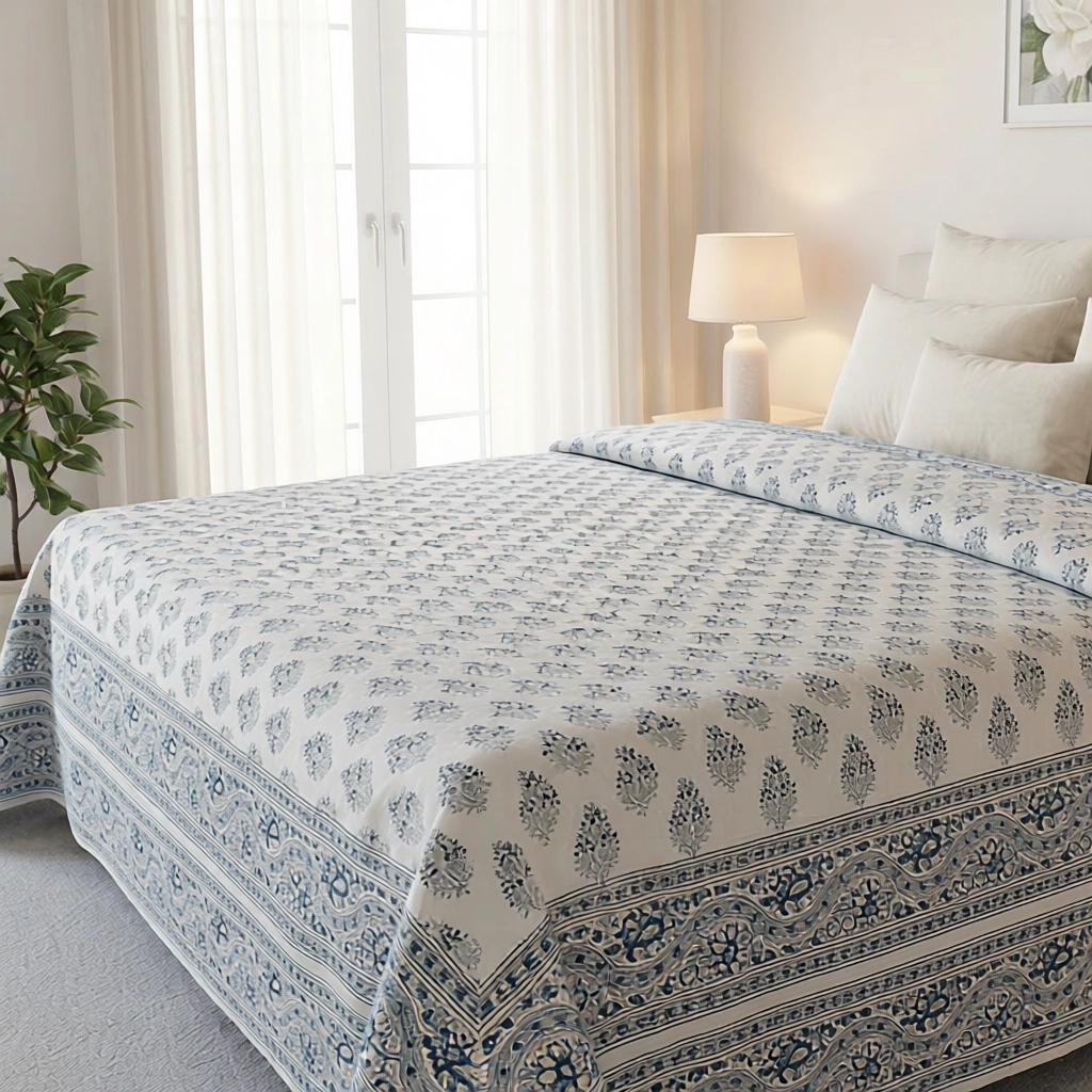 King Size Block Printed Percale Fine Cotton Bedspread with 2 Pillow Cases 200851