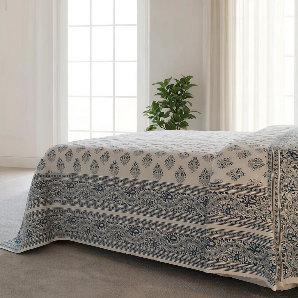 King Size Block Printed Percale Fine Cotton Bedspread with 2 Pillow Cases 200851