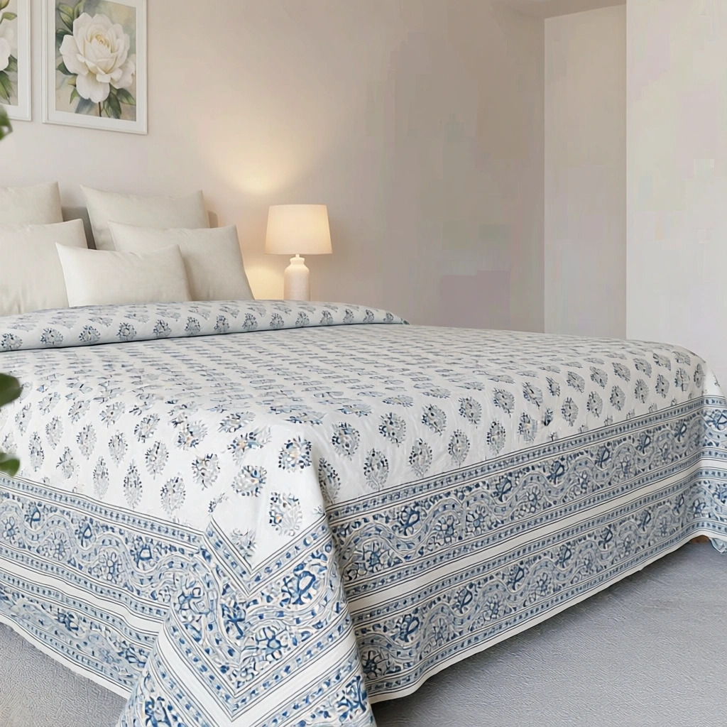 King Size Block Printed Percale Fine Cotton Bedspread with 2 Pillow Cases 200851