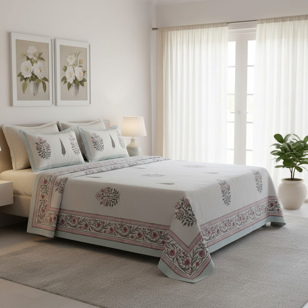 King Size Block Printed Percale Fine Cotton Bedspread with 2 Pillow Cases 200927