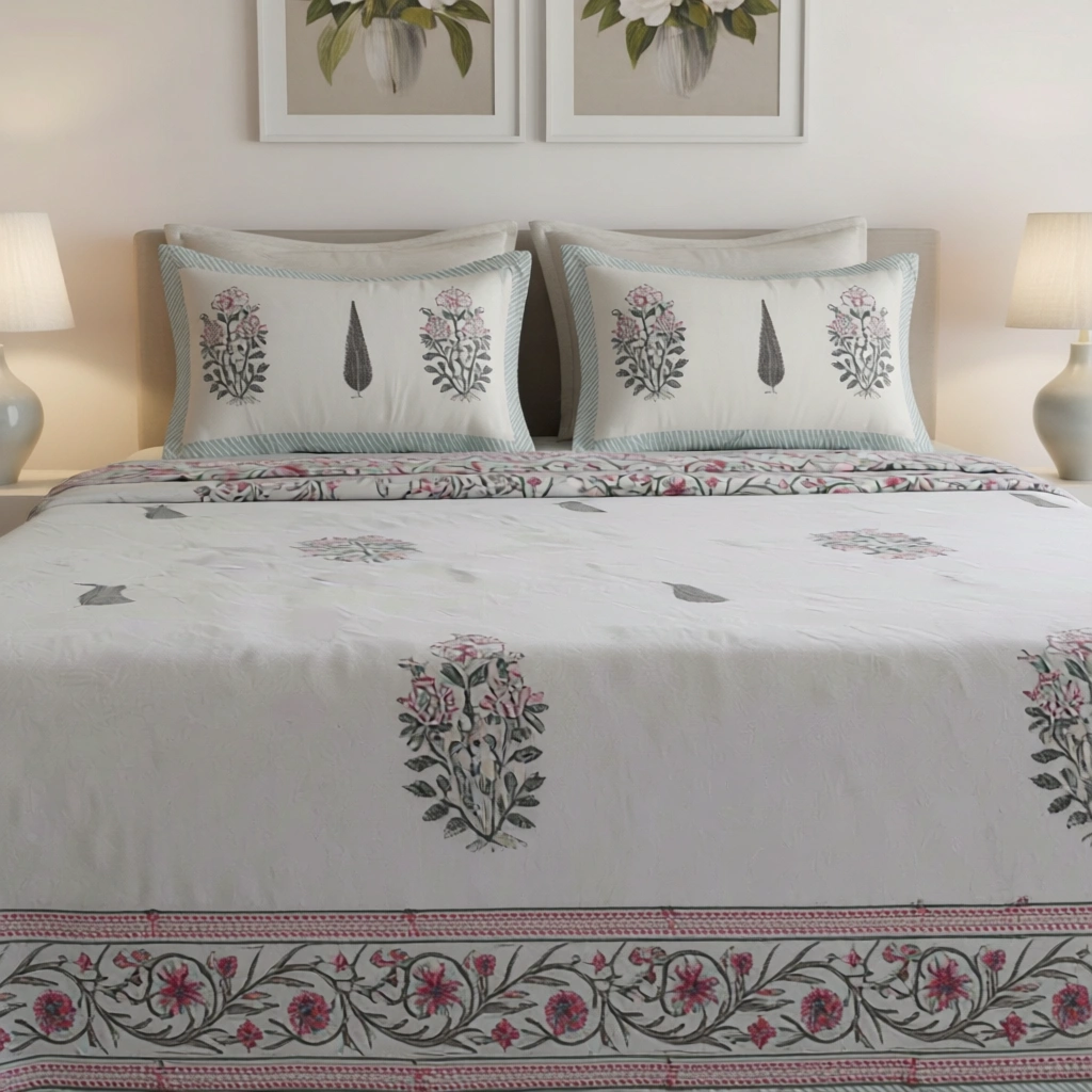King Size Block Printed Percale Fine Cotton Bedspread with 2 Pillow Cases   200927