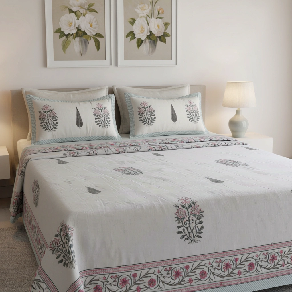 King Size Block Printed Percale Fine Cotton Bedspread with 2 Pillow Cases   200927