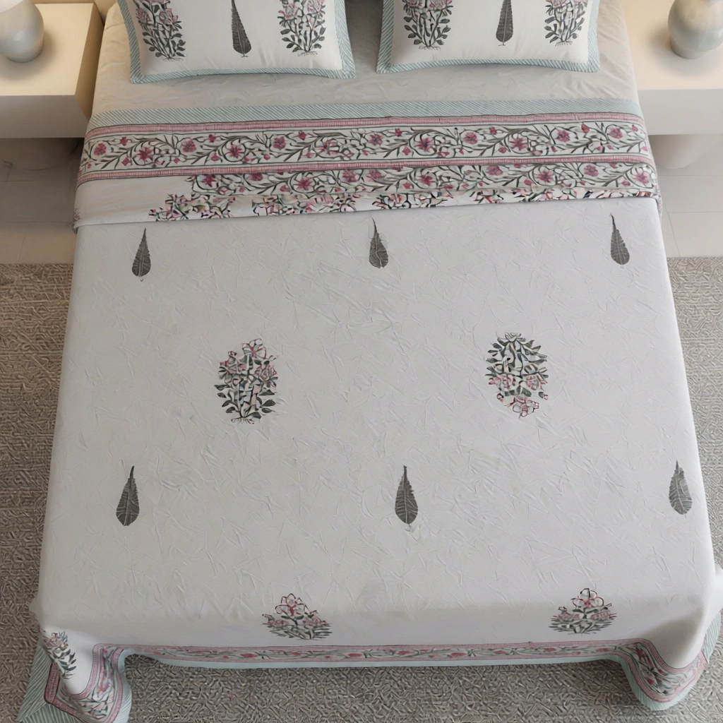 King Size Block Printed Percale Fine Cotton Bedspread with 2 Pillow Cases   200927