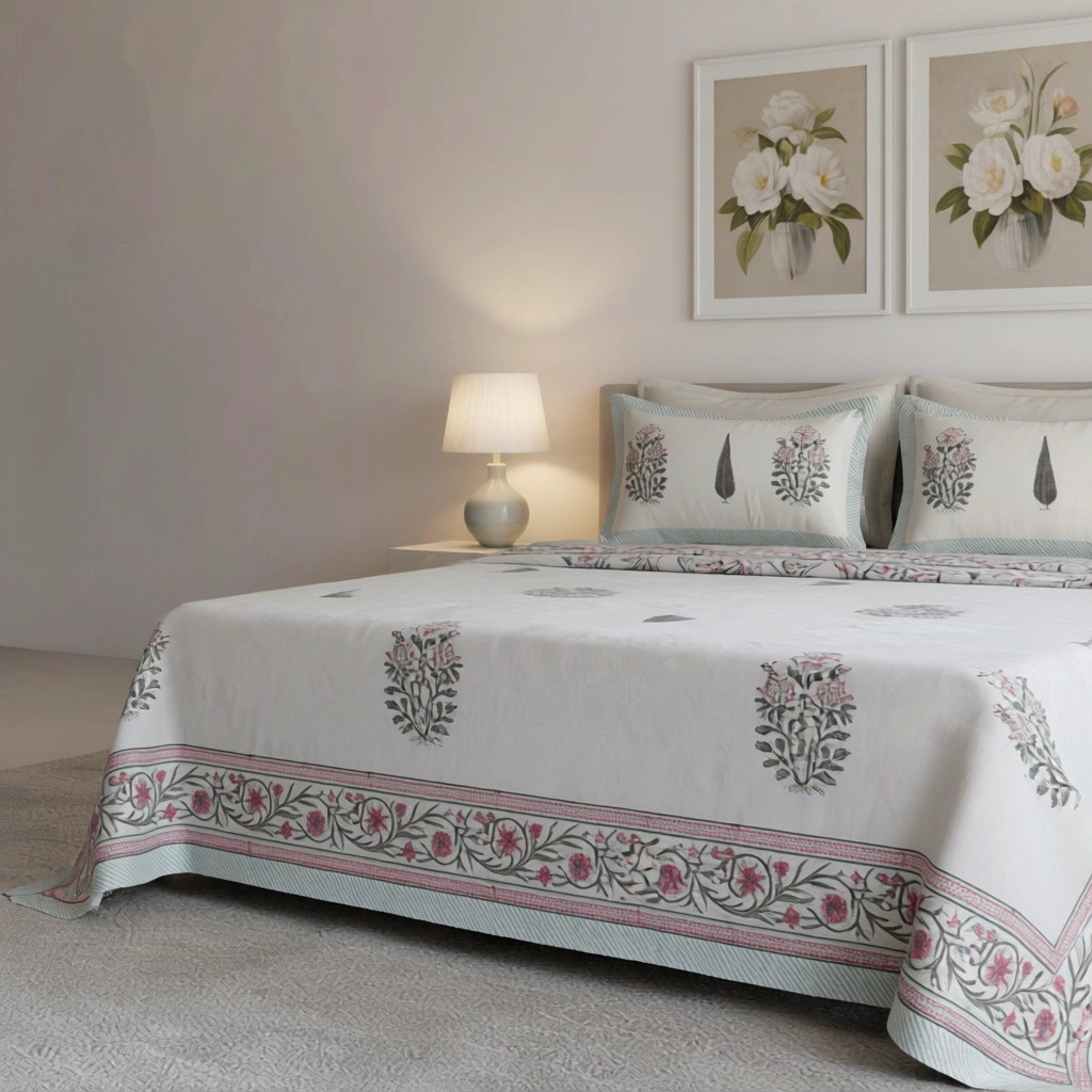 King Size Block Printed Percale Fine Cotton Bedspread with 2 Pillow Cases 200927