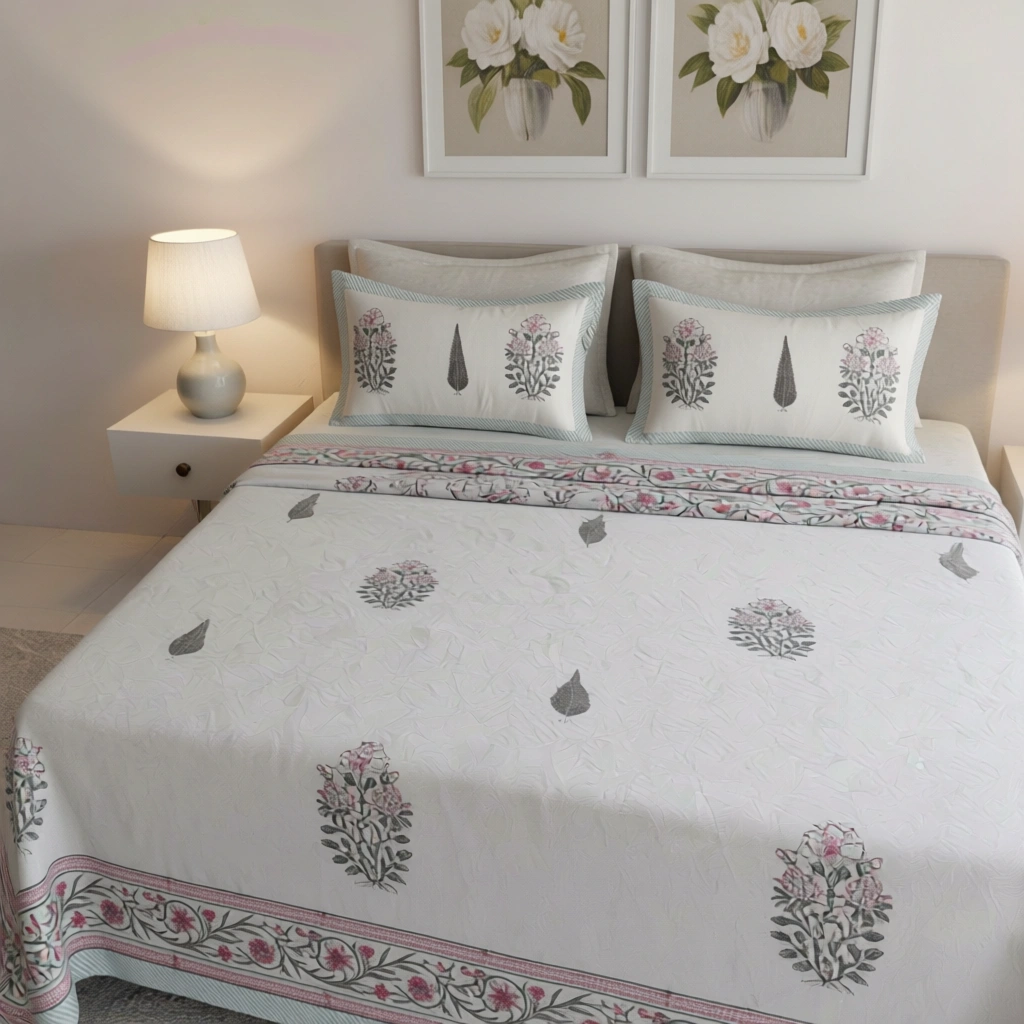 King Size Block Printed Percale Fine Cotton Bedspread with 2 Pillow Cases   200927