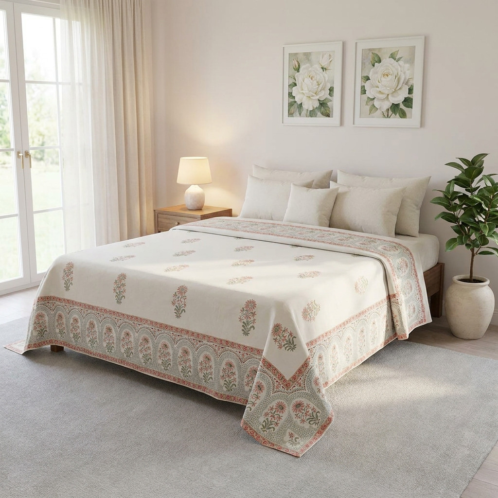 King Size Block Printed Percale Fine Cotton Bedspread with 2 Pillow Cases 200933