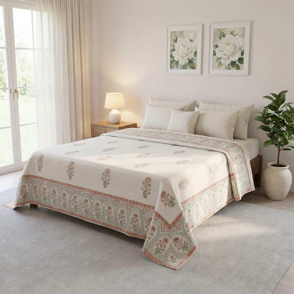 Image of King Size Block Printed Percale Fine Cotton Bedspread with 2 Pillow Cases  | 200933