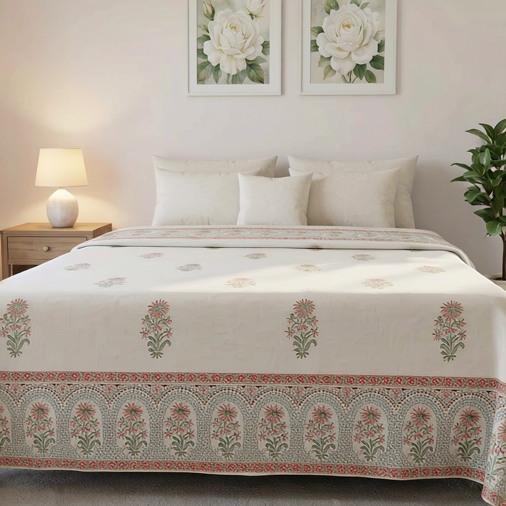 King Size Block Printed Percale Fine Cotton Bedspread with 2 Pillow Cases 200933