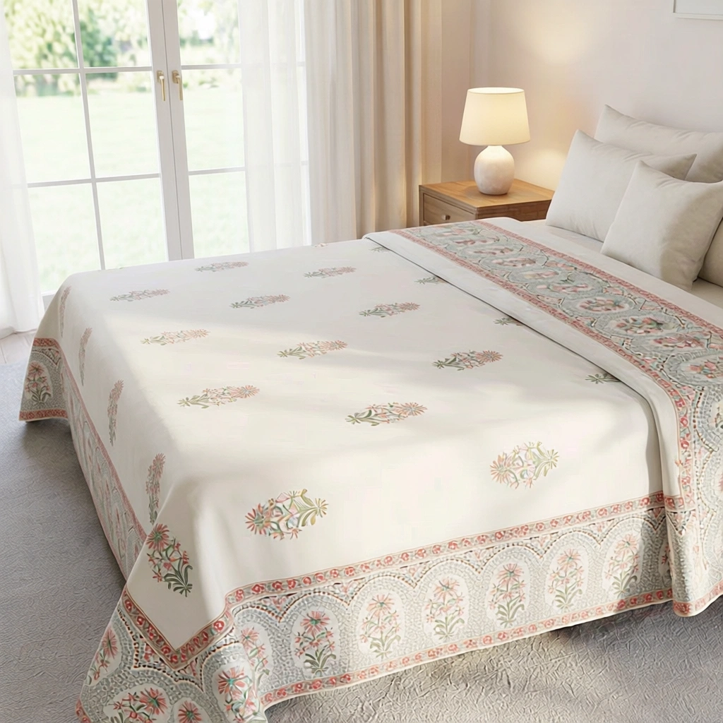 King Size Block Printed Percale Fine Cotton Bedspread with 2 Pillow Cases 200933