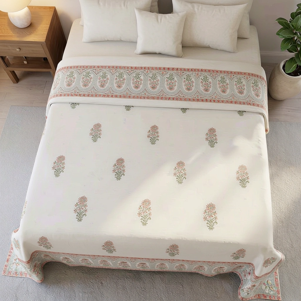 King Size Block Printed Percale Fine Cotton Bedspread with 2 Pillow Cases 200933