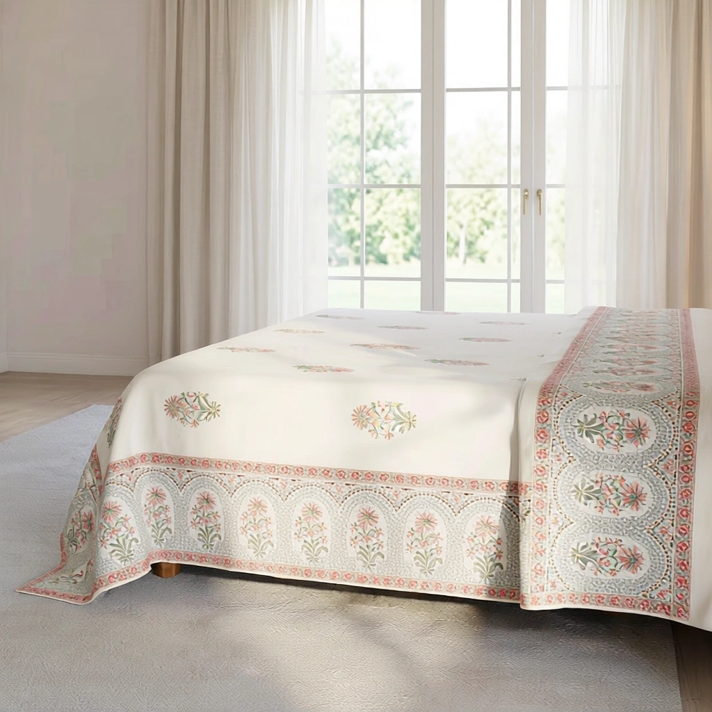 King Size Block Printed Percale Fine Cotton Bedspread with 2 Pillow Cases 200933