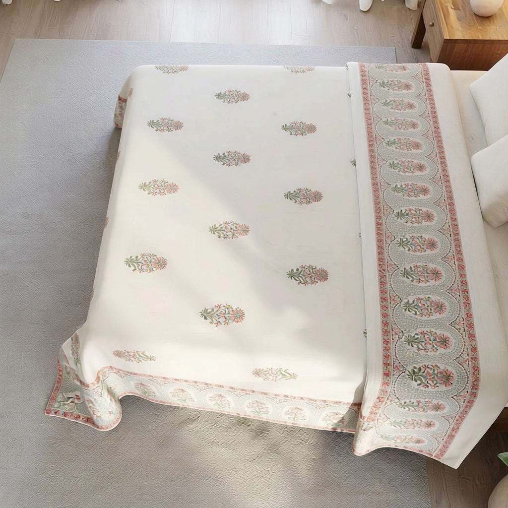 King Size Block Printed Percale Fine Cotton Bedspread with 2 Pillow Cases 200933