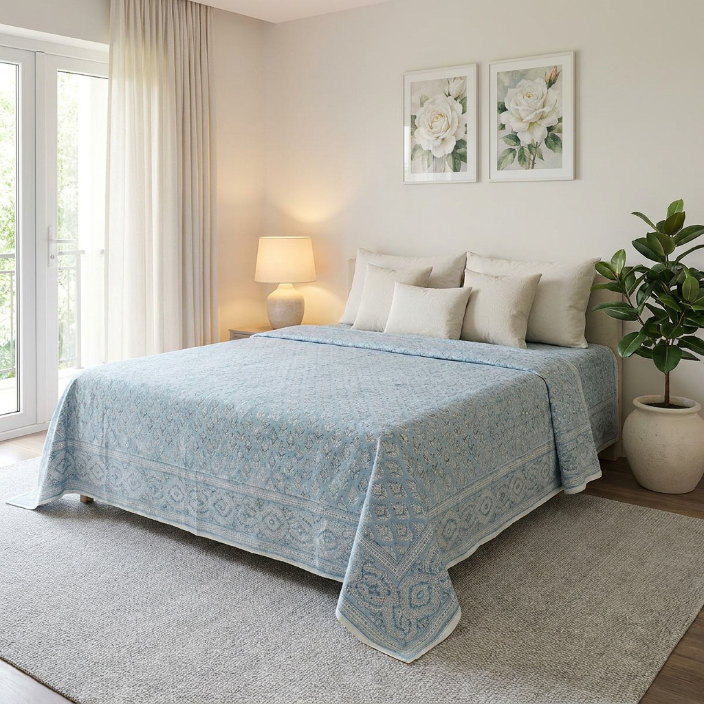 King Size Block Printed Percale Fine Cotton Bedspread with 2 Pillow Cases 200935