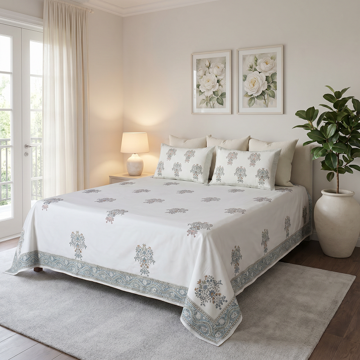 King Size Block Printed Percale Fine Cotton Bedspread with 2 Pillow Cases 200936