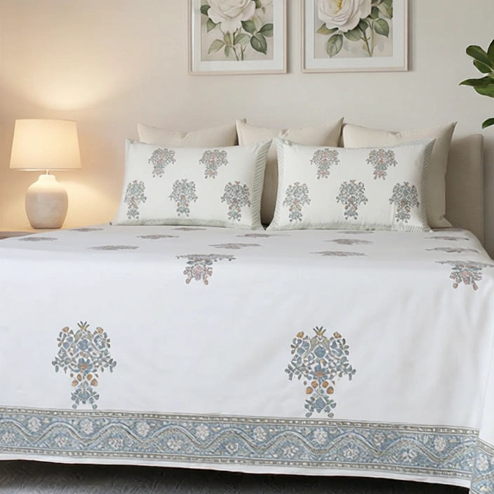 King Size Block Printed Percale Fine Cotton Bedspread with 2 Pillow Cases 200936