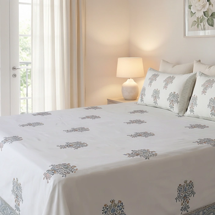 King Size Block Printed Percale Fine Cotton Bedspread with 2 Pillow Cases 200936