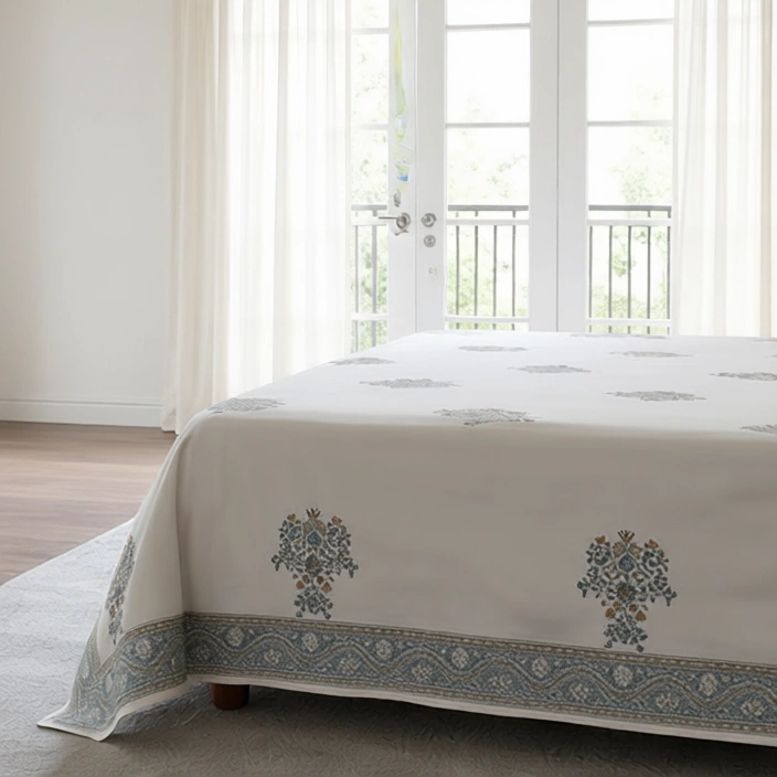 King Size Block Printed Percale Fine Cotton Bedspread with 2 Pillow Cases 200936
