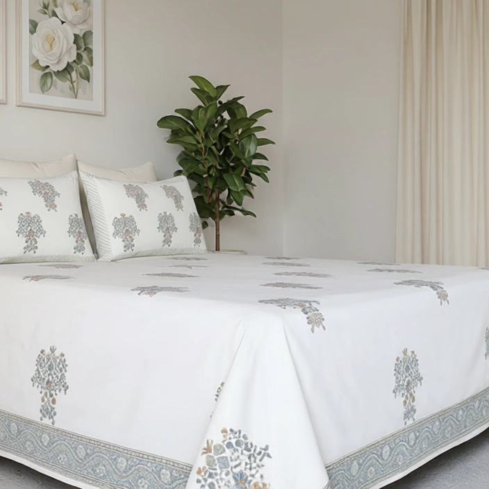 King Size Block Printed Percale Fine Cotton Bedspread with 2 Pillow Cases 200936