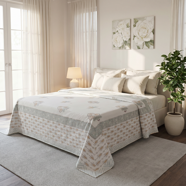 King Size Block Printed Percale Fine Cotton Bedspread with 2 Pillow Cases 200937