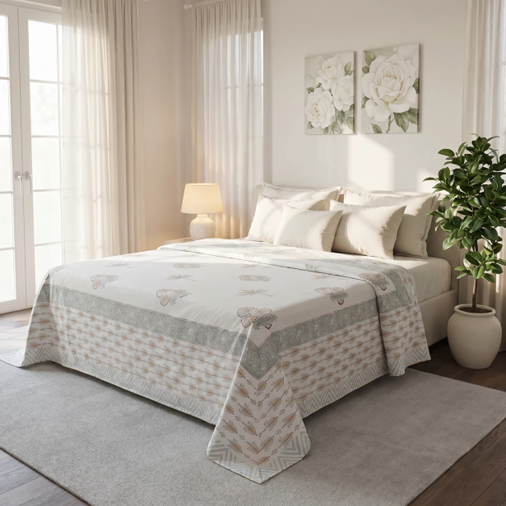 Image of King Size Block Printed Percale Fine Cotton Bedspread with 2 Pillow Cases  | 200937