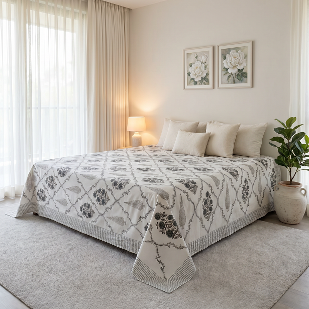 King Size Block Printed Percale Fine Cotton Bedspread with 2 Pillow Cases 200938