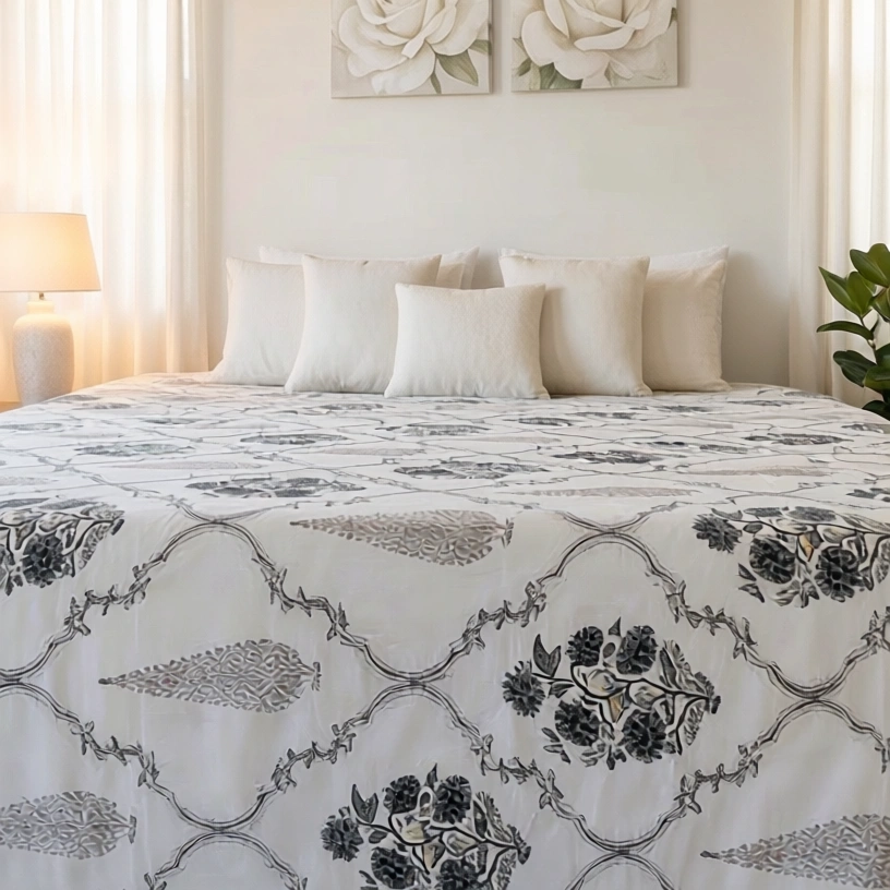 King Size Block Printed Percale Fine Cotton Bedspread with 2 Pillow Cases 200938