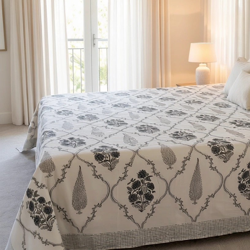 King Size Block Printed Percale Fine Cotton Bedspread with 2 Pillow Cases 200938