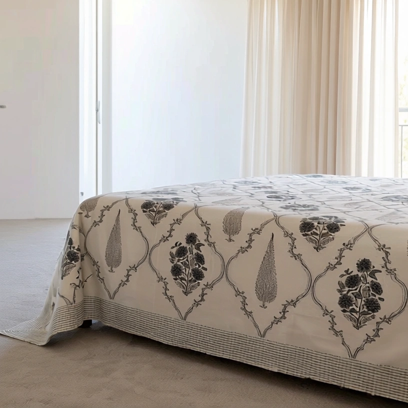King Size Block Printed Percale Fine Cotton Bedspread with 2 Pillow Cases 200938
