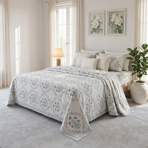 King Size Block Printed Percale Fine Cotton Bedspread with 2 Pillow Cases 200939