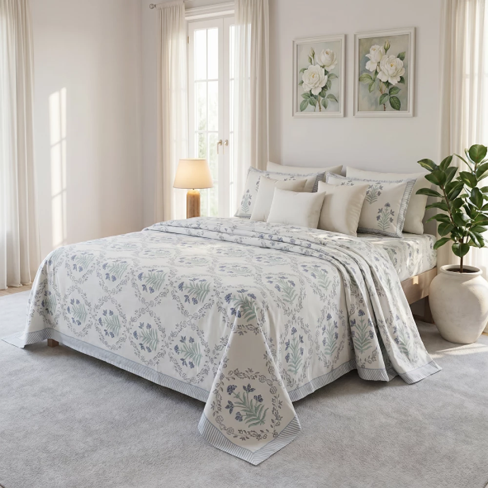 Image of King Size Block Printed Percale Fine Cotton Bedspread with 2 Pillow Cases  | 200939