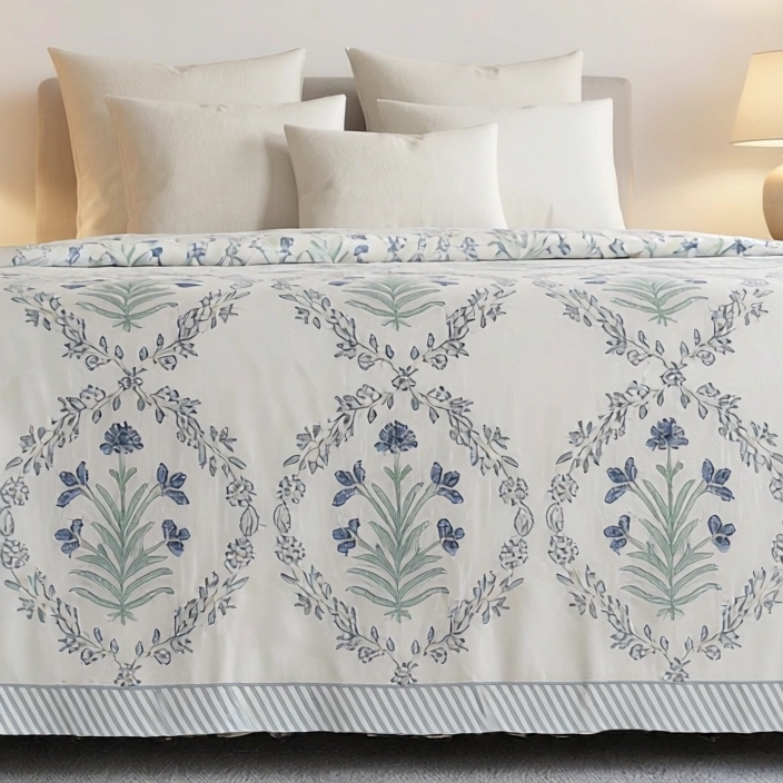 King Size Block Printed Percale Fine Cotton Bedspread with 2 Pillow Cases 200939