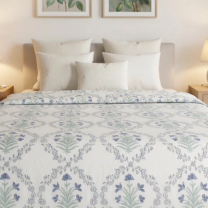 King Size Block Printed Percale Fine Cotton Bedspread with 2 Pillow Cases 200939