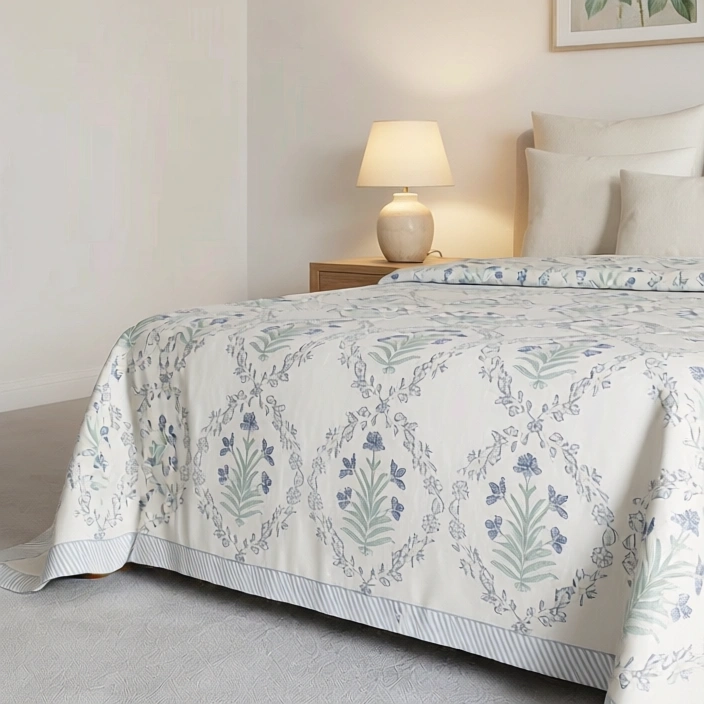 King Size Block Printed Percale Fine Cotton Bedspread with 2 Pillow Cases 200939