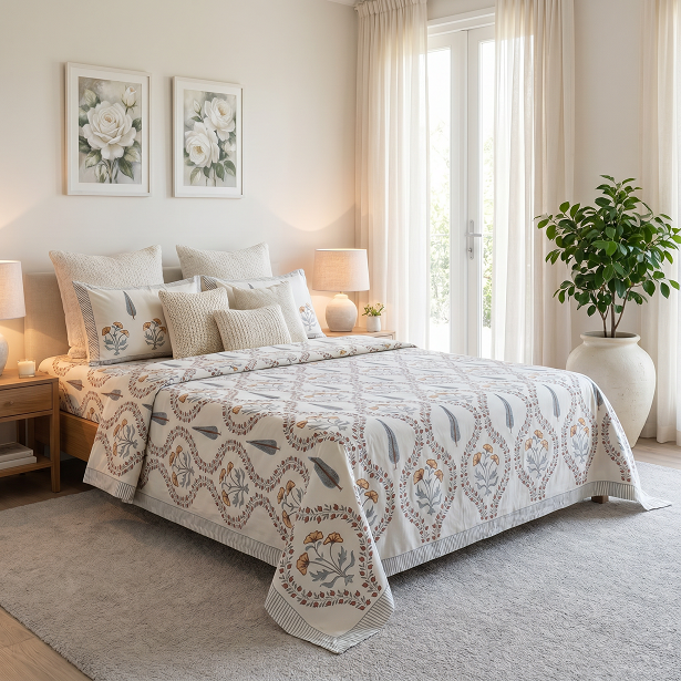 King Size Block Printed Percale Fine Cotton Bedspread with 2 Pillow Cases 200940