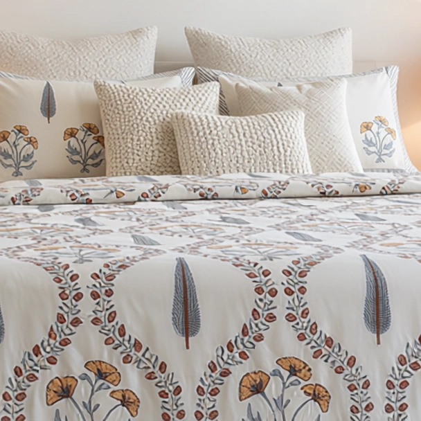 King Size Block Printed Percale Fine Cotton Bedspread with 2 Pillow Cases 200940