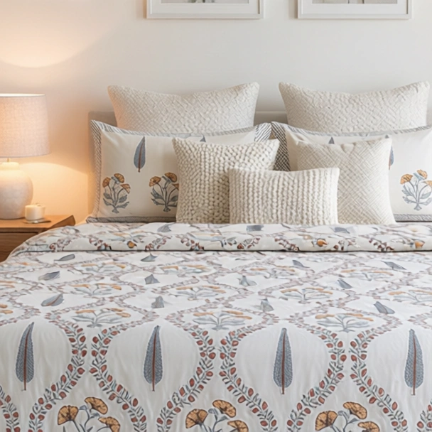 King Size Block Printed Percale Fine Cotton Bedspread with 2 Pillow Cases 200940